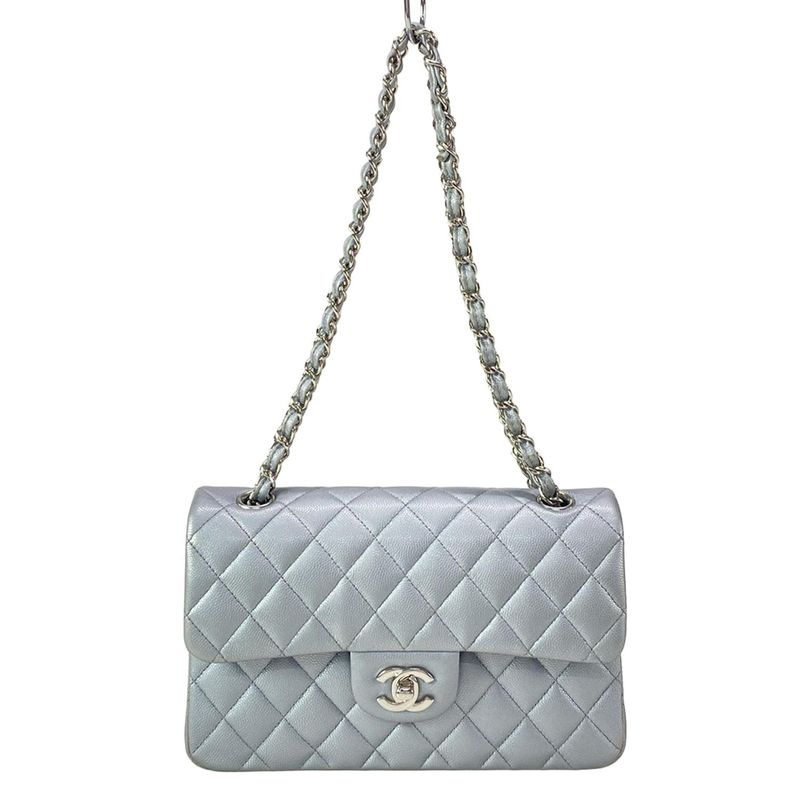 Chanel Shoulder Bag Double Flap Matelasse A01113 Metallic Gray Metal Serial