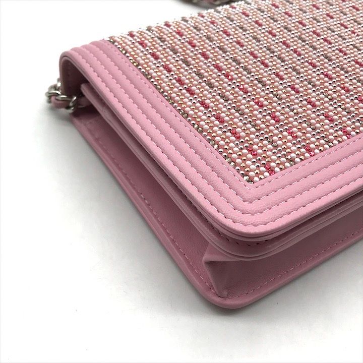 Chanel CC Logo Line Stone Chain Wallet Shoulder Bag Pink
