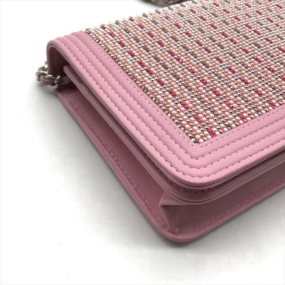 Chanel CC Logo Line Stone Chain Wallet Shoulder Bag Pink