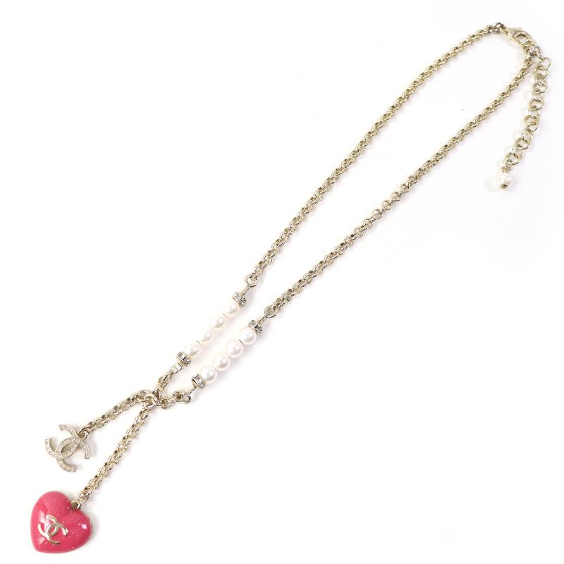 CHANEL C23P Coco Mark Heart Pearl Rhinestone Choker Pendant Necklace Accessory