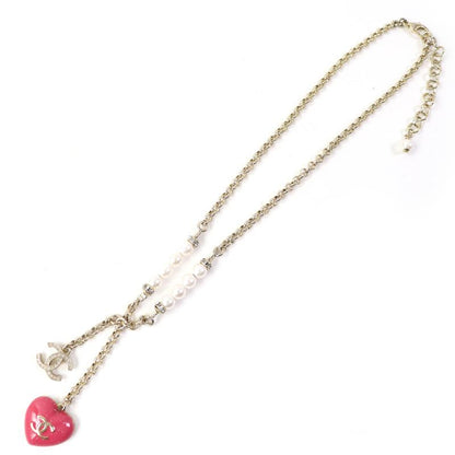 CHANEL C23P Coco Mark Heart Pearl Rhinestone Choker Pendant Necklace Accessory