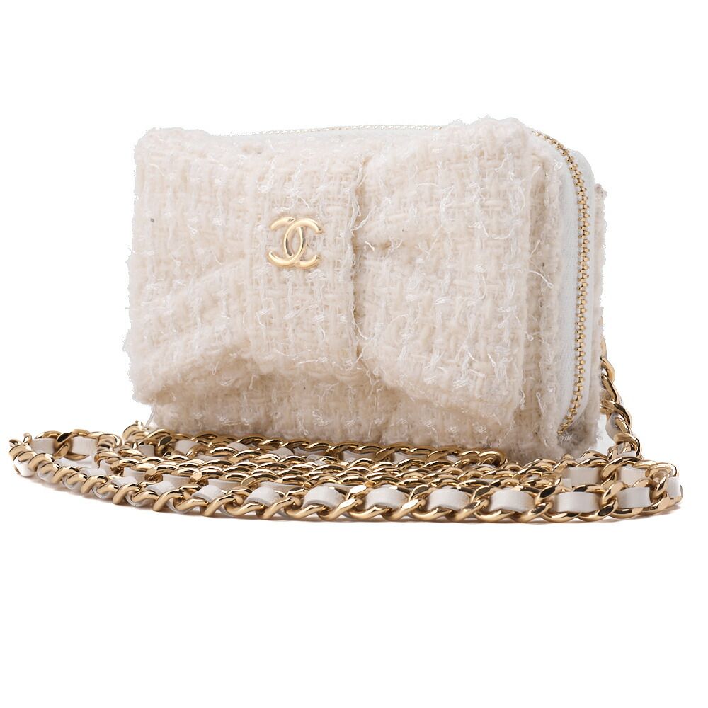 Chanel Mini Matelasse Chain Shoulder Ribbon Tweed White With Gold Hardware