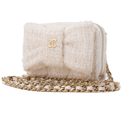 Chanel Mini Matelasse Chain Shoulder Ribbon Tweed White With Gold Hardware