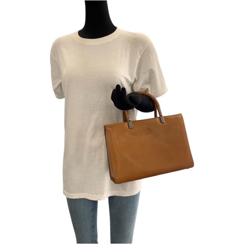 Gucci Bamboo Camel Silver Hardware Leather 002 1035 2way Handbag Tote Shoulder