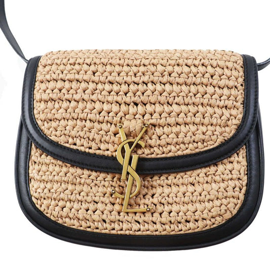 Saint Laurent Paris 634818 Kaia Raffia Leather Shoulder Bag Natural Black Gold