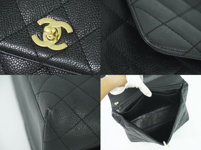 Authentic Chanel Coco Mark Matelasse Turnlock Handbag Caviar Skin Leather Black