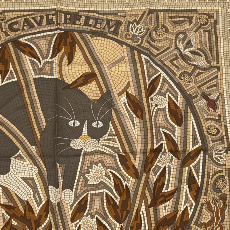 Hermes Carre 90 CAVE Felem Attention Cats Brahant Scarf 100% Silk