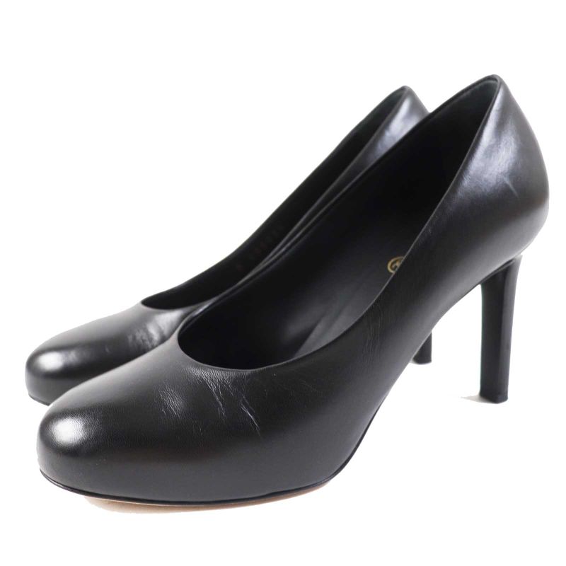 CHANEL G35025 Round Toe Leather Pumps With Coco Mark Black Gold Hardware 36
