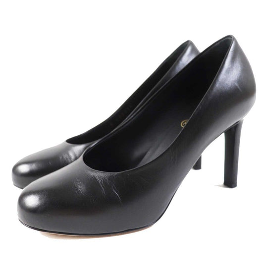 CHANEL G35025 Round Toe Leather Pumps With Coco Mark Black Gold Hardware 36