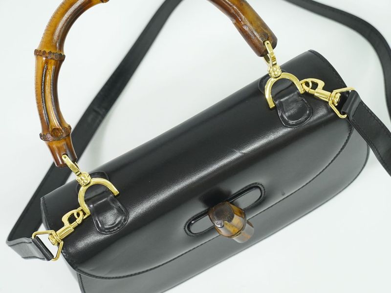 Authentic Gucci Bamboo 2WAY Shoulder Bag Handbag Pochette Leather Black Bamboo