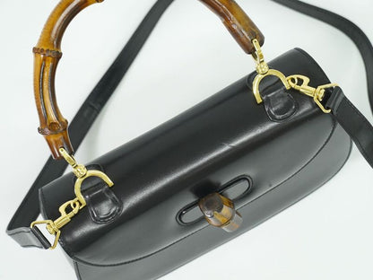 Authentic Gucci Bamboo 2WAY Shoulder Bag Handbag Pochette Leather Black Bamboo