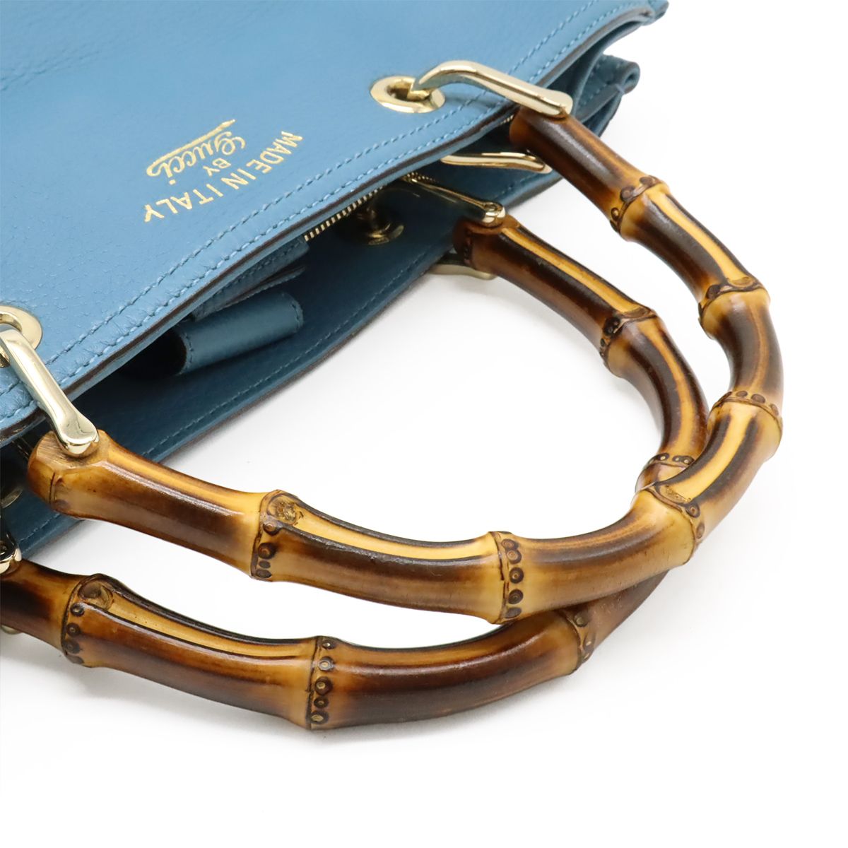Gucci Bamboo Shopper Medium Size Leather Tote Handbag 2WAY Shoulder Bag Blue