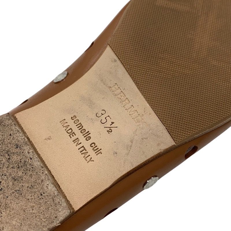 Hermes Flat Shoes Leather Brown Silver Punching Serie Button
