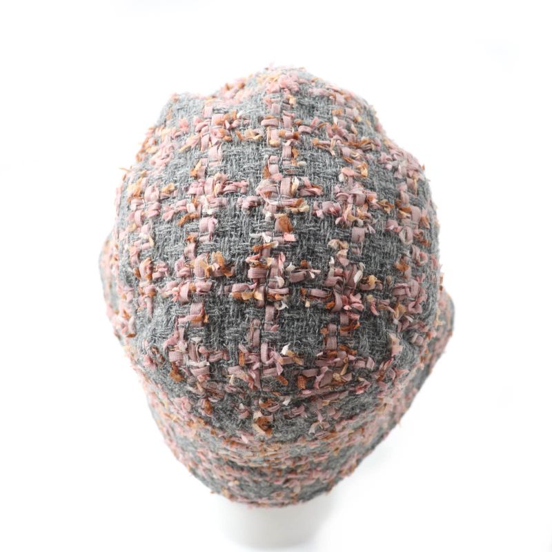 CHANEL Alpaca Blend Ribbon Tweed Bucket Hat With Coco Mark Hardware Gray Pink M