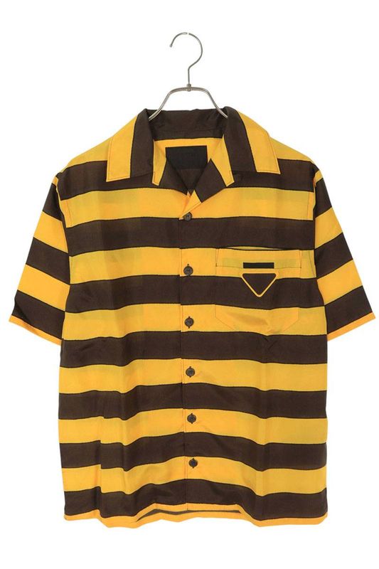 Prada Usc414 S221 1030 Striped Silk Short Sleeve Shirt Men's XS