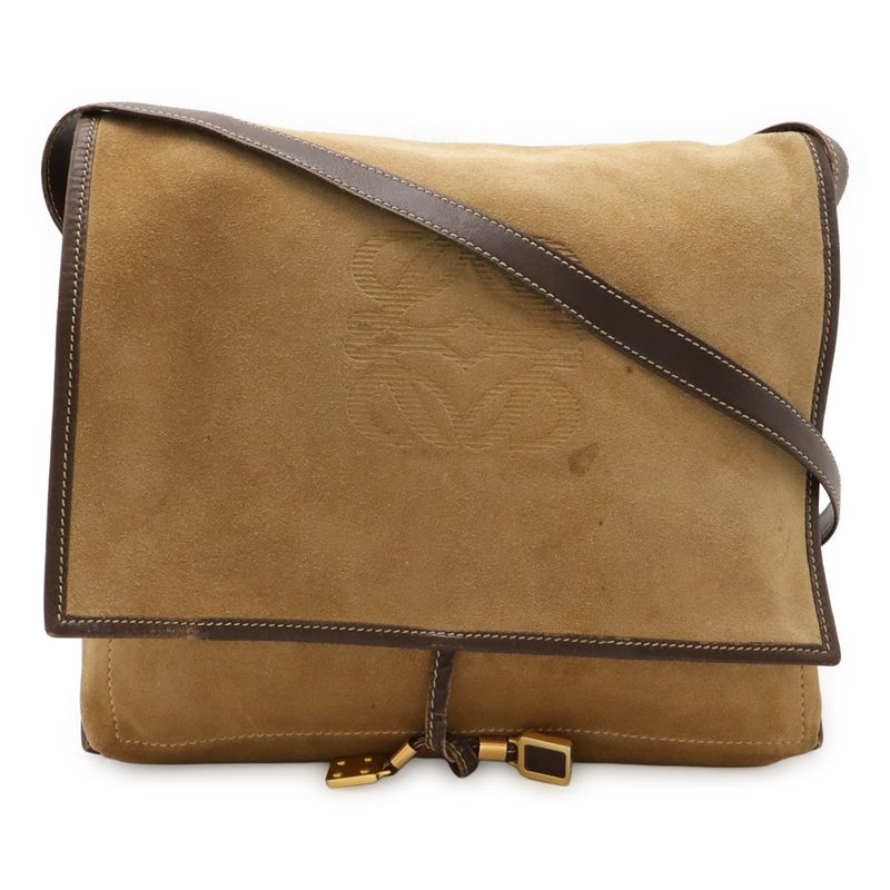 Loewe Anagram Shoulder Bag Messenger Bag Crossbody Suede Leather Khaki Beige