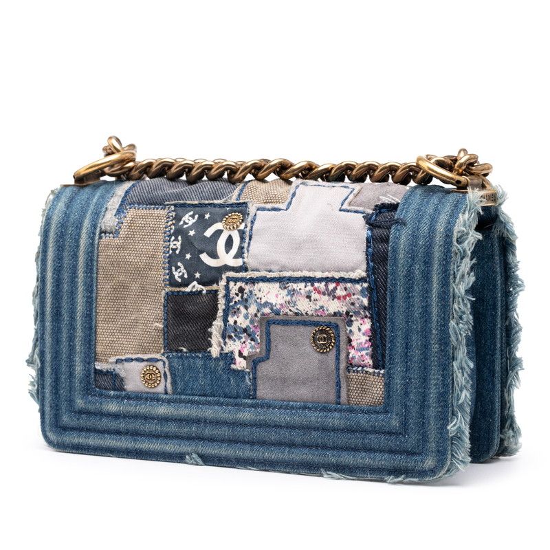 Chanel Boy Chanel Patchwork Chain Shoulder Bag Blue Gold Denim Women's Chanel