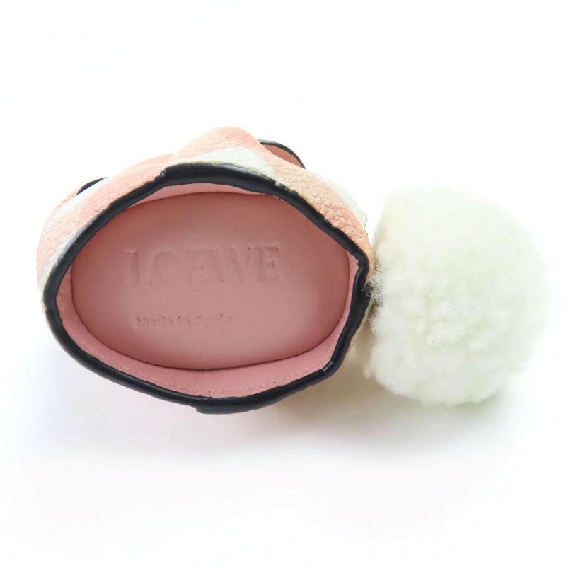LOEWE Gingham Check Rabbit Charm Leather Coin Case Pink White Silver Hardware