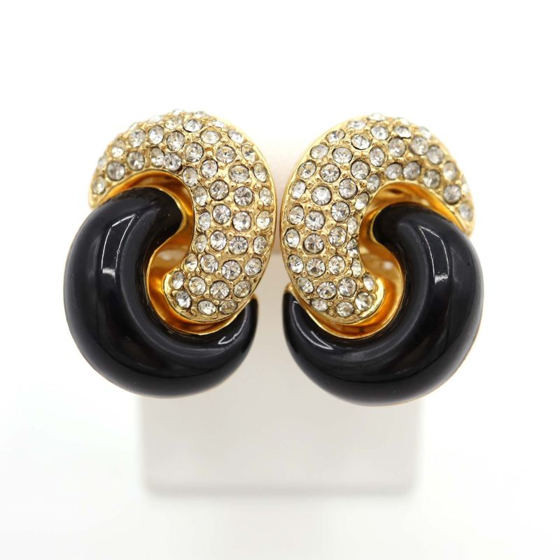 Christian DIOR Earrings Rhinestone Black Stone Women's Accessories H1746