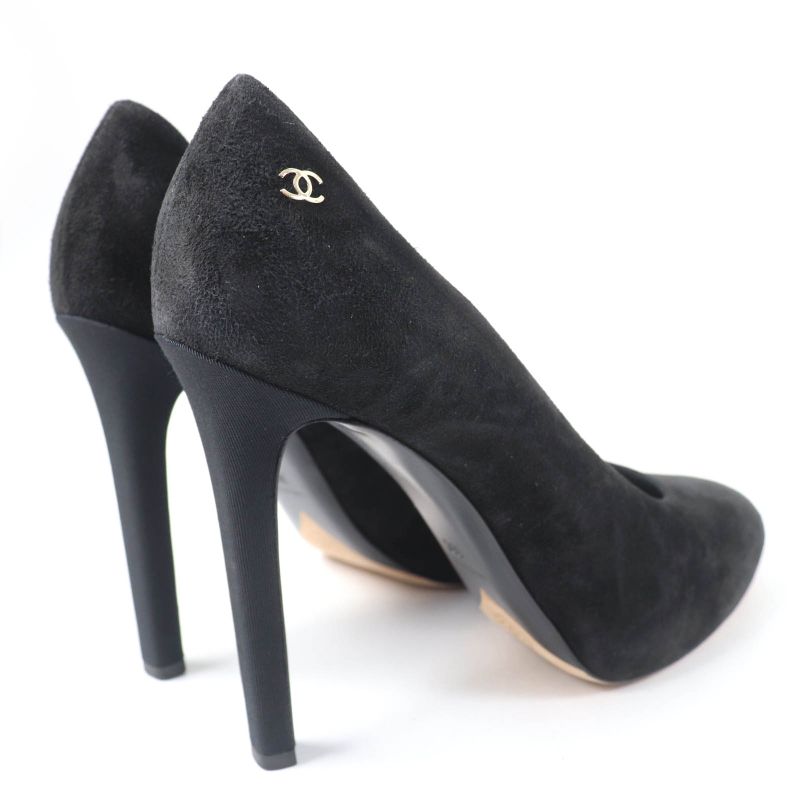 CHANEL G33546 Round Toe Suede Leather Pumps With Coco Mark Black 38 Made In