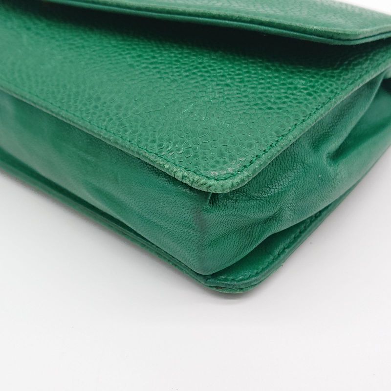 Vintage Chanel Pouch Caviar Skin Green Coco Mark With Sticker