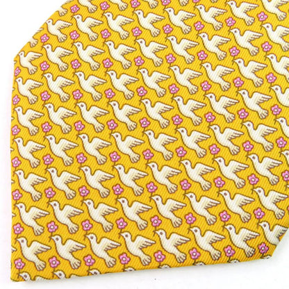 Hermes 100% Silk Regimental Pigeon Dove Cravat Tie Yellow Tone Made In France