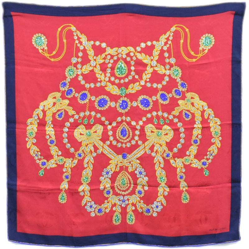 Authentic Cartier Jewelry Pattern Scarf Shawl Bandana Silk Red Navy Multicolor
