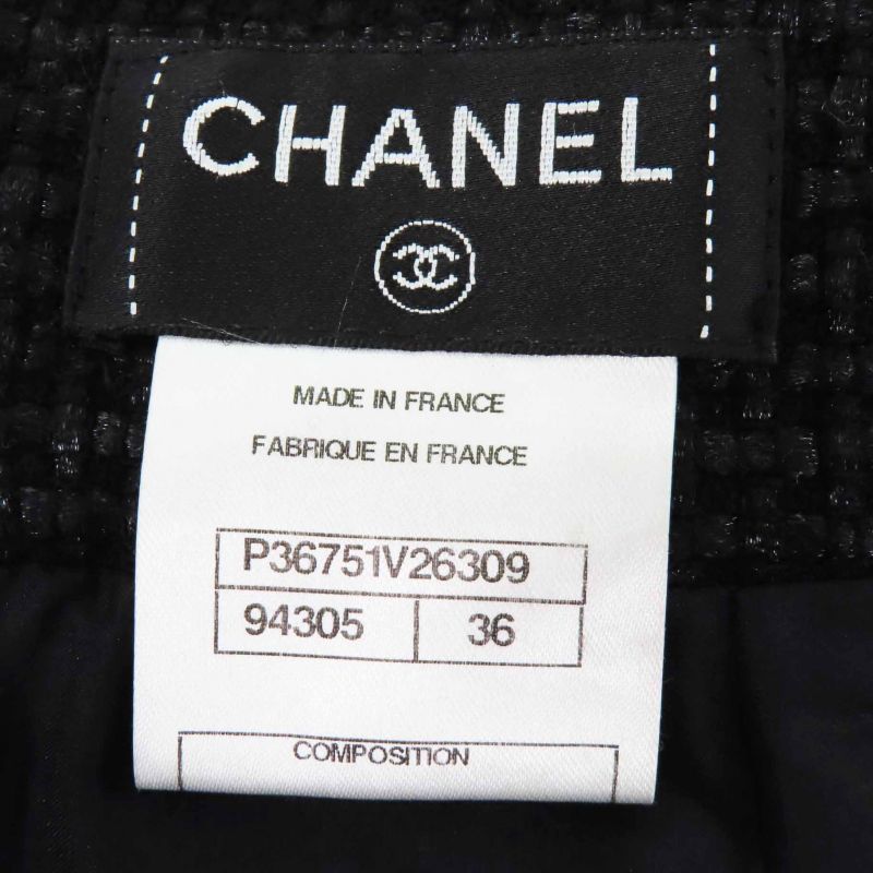 CHANEL P36751 Tweed Below-knee Tight Skirt With Coco Mark Black 36 Made In