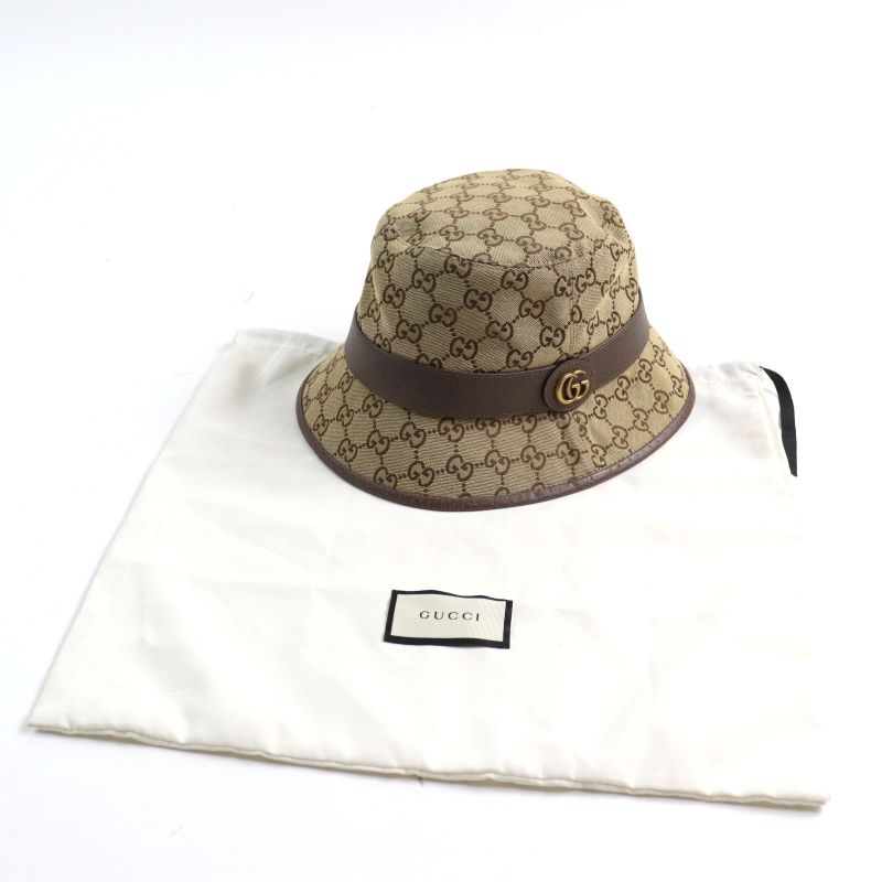 Gucci 576587 GG Canvas Fedora Hat GG Marmont Leather Trim Bucket Hat Beige