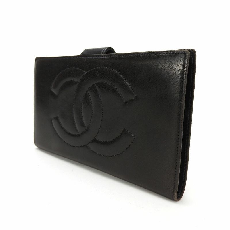 Chanel Bifold Long Wallet Gusset 3 Coco Mark Black Lambleather Leather Long