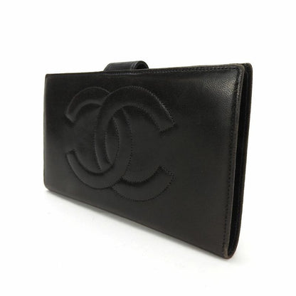 Chanel Bifold Long Wallet Gusset 3 Coco Mark Black Lambleather Leather Long