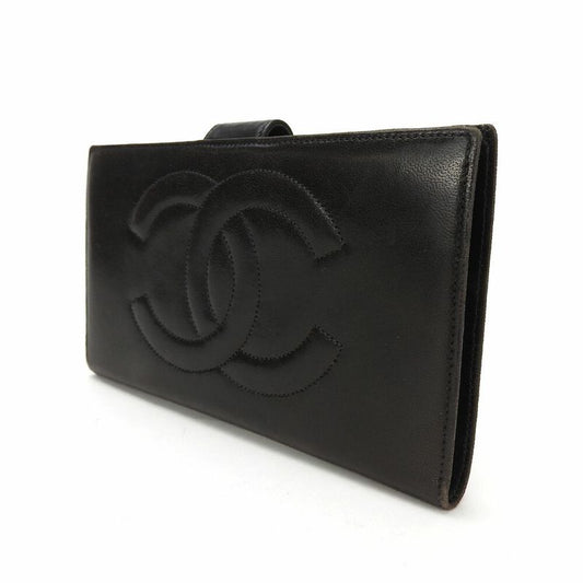 Chanel Bifold Long Wallet Gusset 3 Coco Mark Black Lambleather Leather Long