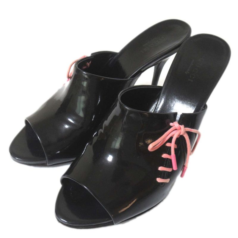 Gucci Patent Leather High Heel Lace Up Mules Sandals Size 36.5c Approx 23.5cm