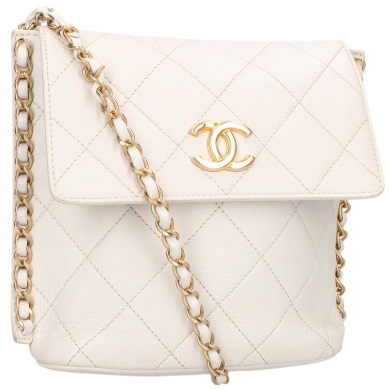 Chanel White And Gold Chain Lambskin Shoulder Bag Women