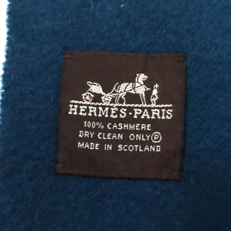 Hermes 100% Cashmere Logo Embroidered Fringed Large Scarf Shawl Scarf Blue Women