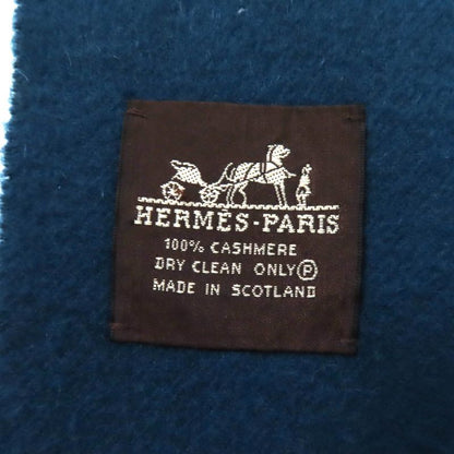 Hermes 100% Cashmere Logo Embroidered Fringed Large Scarf Shawl Scarf Blue Women
