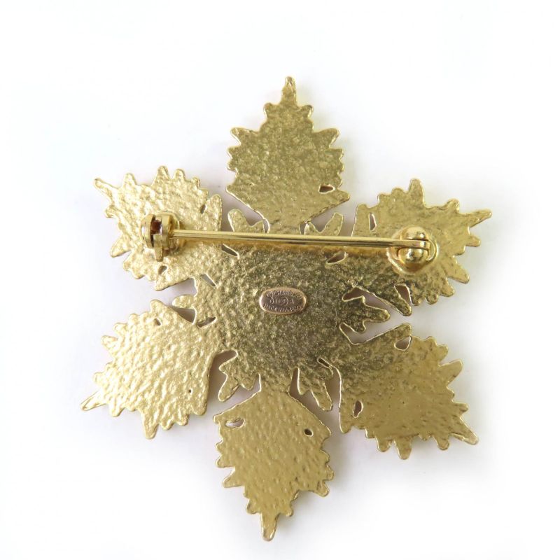 CHANEL Vintage 01A Metal Coco Mark Snowflake Brooch Beige Made In France Ladies