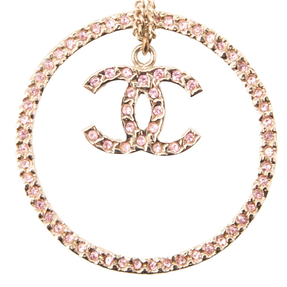 Chanel Coco Mark Circle Rhinestone Necklace GP Gold Pink 06A (gold Plated) Gold
