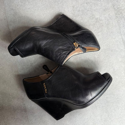 Prada Leather Wedge Sole Logo Booties 35 1 2 22.5cm (8.86in) Short Boots Black