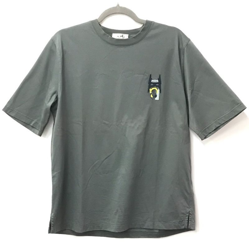Hermes Short Sleeve T-shirt Horse Leather Patch Leather Tag Cotton Gray Khaki
