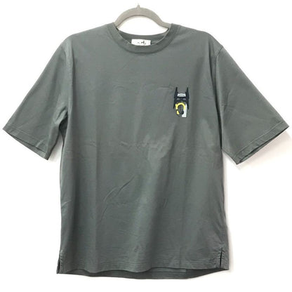 Hermes Short Sleeve T-shirt Horse Leather Patch Leather Tag Cotton Gray Khaki