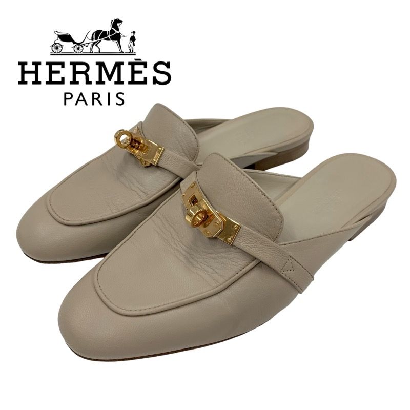 Hermes Oz Flat Shoes Leather Beige Gold Mule Kelly Hardware