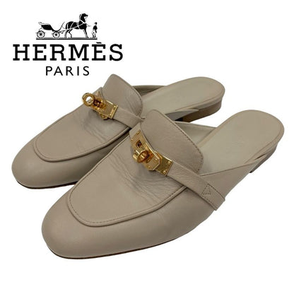 Hermes Oz Flat Shoes Leather Beige Gold Mule Kelly Hardware