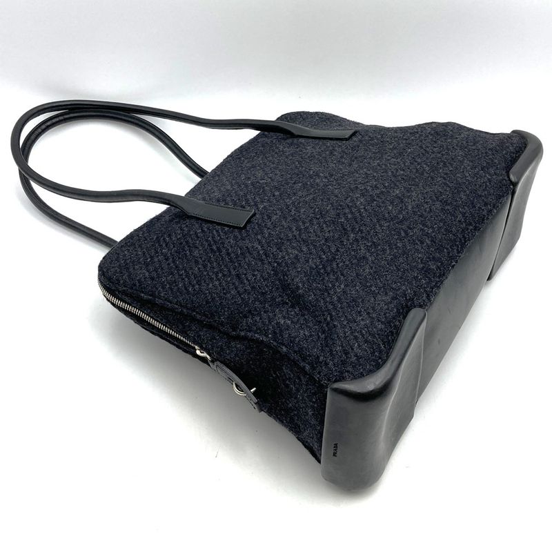 Prada Handbag Shoulder Bag Black Wool Tweed Leather Women Fashion