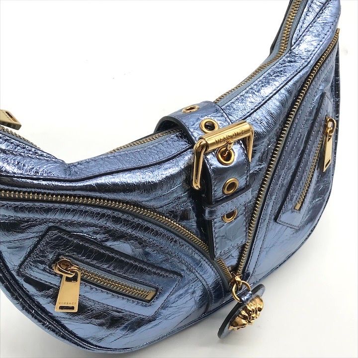 Versace Medusa Metallic Leather Repeat Hobo 2-Way Hand Shoulder Bag Blue