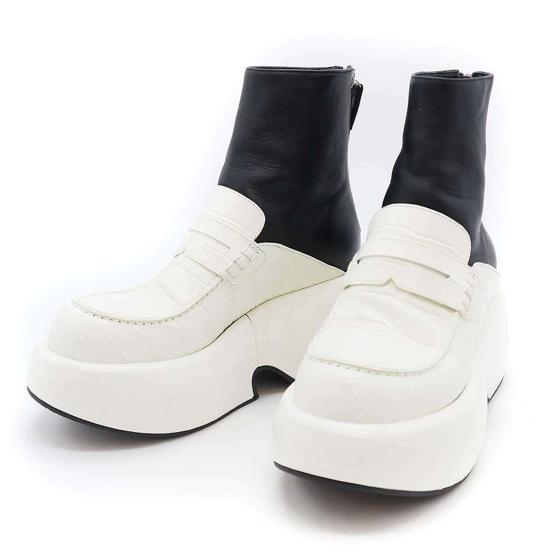 Loewe 21aw Croc-Embossed Wedge Loafer Boots Black White 37
