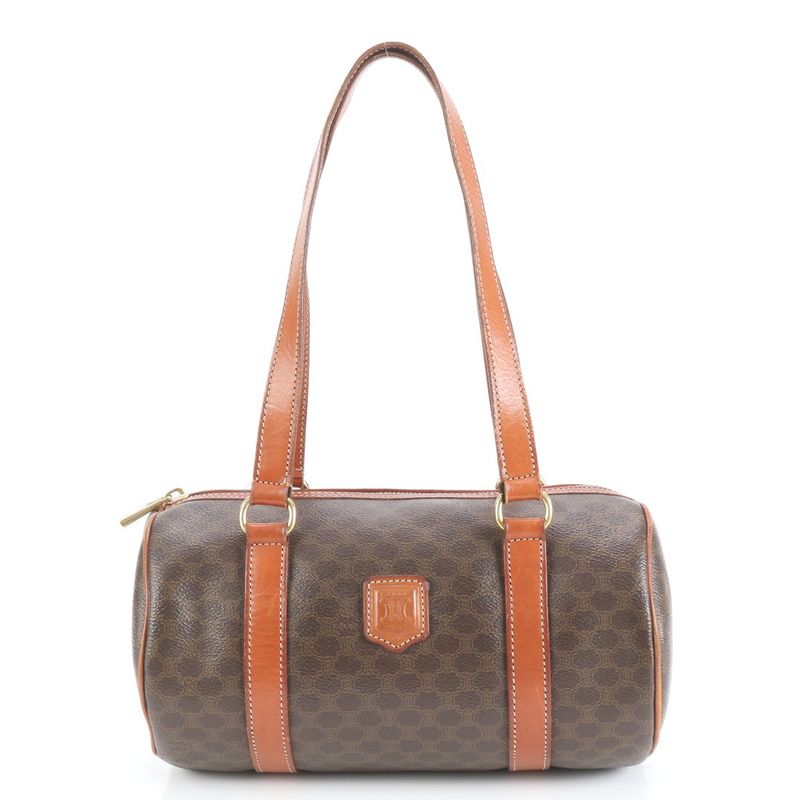 Vintage Celine Macadam Triomphe Leather Handbag Mini Boston Brown Tote Women's
