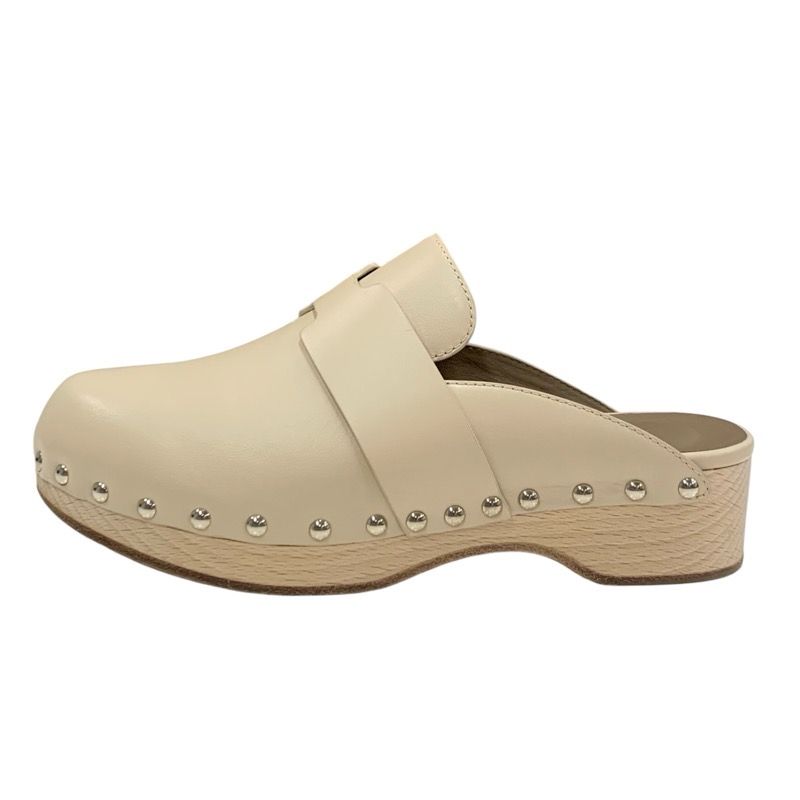 Hermes Karya Sandals Shoes Leather Wood Beige Studded Mules Sabot