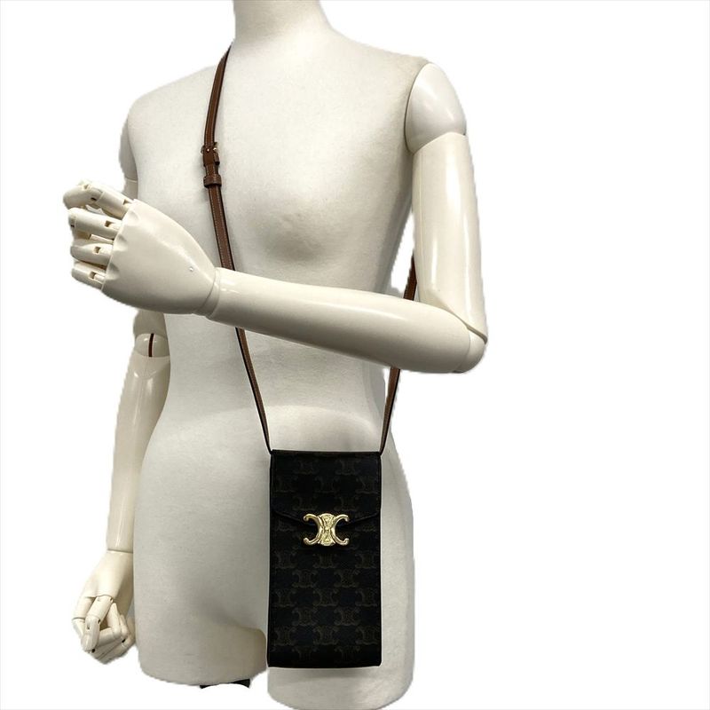 Celine Triomphe Mobile Pouch Pochette Leather Brown Gold Hardware Signature
