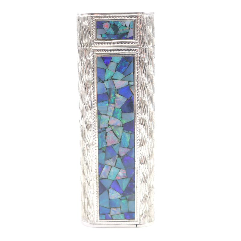 Cartier Oval Opal Mosaic Outer Jacket Roller Gas Lighter Silver Blue Men's